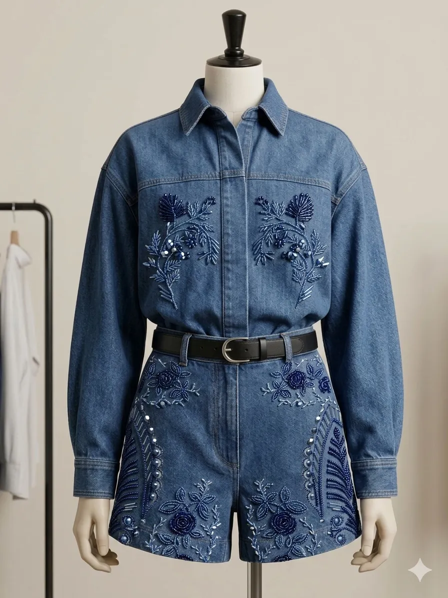 Une tenue en full jean customisé avec de la broderie florale entièrement réalisée à la main